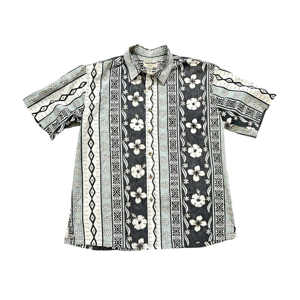 Cooke Street Hawaiian Shirt Men's XL Floral Geometric Cotton Gray Blue Cotton